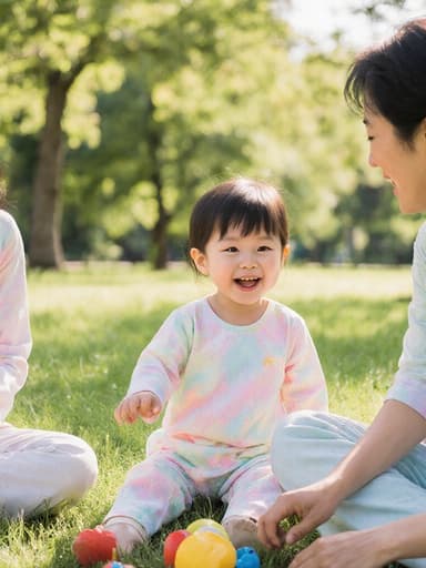 햇살이 비치는 공원 잔디밭에 앉아 있는 귀엽고 사랑스러운 1세 한국인 여성이 부드러운 파스텔 색상의 잠옷을 입고 부모와 함께 장난감을 가지고 행복하게 노는 모습의 반신 사진입니다.