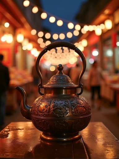 주전자, 화려한 가로등이 있는 활기찬 야시장 거리, 따뜻하고 초대하는 느낌