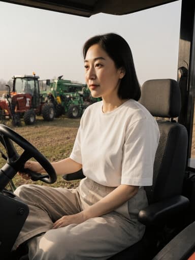 40대의 편안한 한국인 여성의 반신 촬영, 편안한 캐주얼 의상을 입고 크로스 레그로 앉아 현대적인 농기계와 상호작용하고 있는 모습. 그녀의 여유로운 표정과 배경의 농기계 배치가 평화로운 농업 환경을 강조합니다.