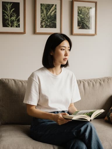 소파에 앉아 농업 관련 책을 들고 있는 30대 한국인 여성의 반신 사진. 아늑한 거실에서 자연광이 들어오고 벽에는 식물 사진이 걸려 있어 편안한 분위기를 자아냅니다.