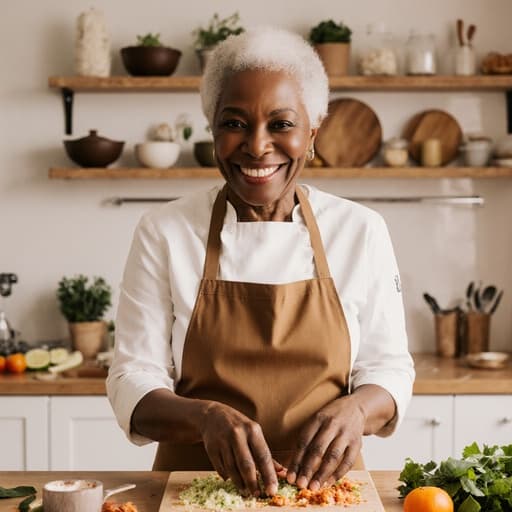 60대 흑인 여성, 편안한 주방용 의상과 앞치마를 착용하고 밝고 아늑한 주방에서 재료를 손질하며 즐겁게 요리하는 모습이 담긴 반신 촬영입니다. 그녀는 긍정적인 미소를 짓고 있습니다.