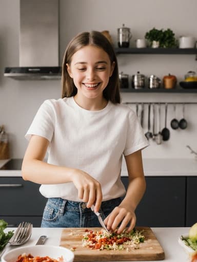 10대 초반의 유럽계 소녀가 현대적인 주방에서 요리하며 자연스러운 외모로 웃고 있는 모습이 담긴 이미지로, 조리대 위의 다양한 주방 도구와 재료와 함께 활기차고 생동감 넘치는 분위기를 보여줍니다.
