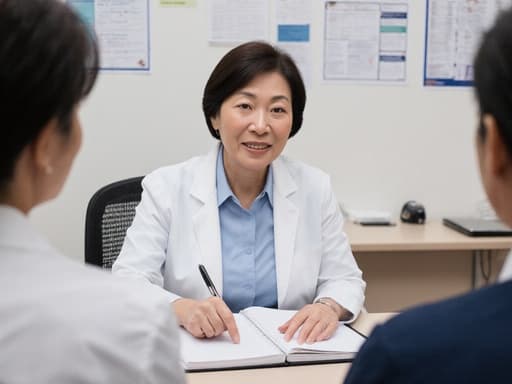 50대 아시아계 여성의 반신 이미지로, 자연스러운 외모를 가진 모델이 의사 가운과 깔끔한 블라우스를 입고 있습니다. 그녀는 열정적이고 친절한 표정을 지으며 테이블에 앉아 환자에게 약물 교육을 위해 노트를 가리키며 설명하고 있습니다. 배경은 의료 관련 포스터와 책상이 있는 병원의 상담실로, 환자 돌봄에 대한 그녀의 헌신을 강조합니다.