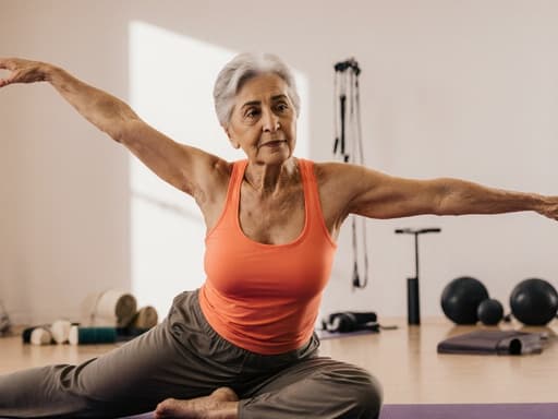 60대 중동계 여성이 밝고 편안한 요가복을 입고 요가 매트 위에서 스트레칭을 하며 집중한 표정을 짓고 있는 반신 사진. 배경은 부드러운 조명과 요가 용품으로 둘러싸인 현대적인 요가 스튜디오로, 고요한 분위기를 자아냅니다.