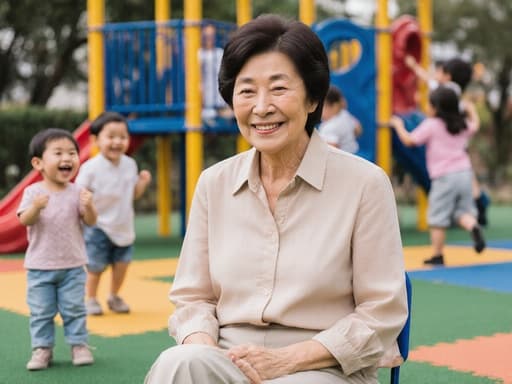 60대 동양인 여성의 반신 사진으로, 자연스러운 외모를 지니고 편안한 블라우스와 바지를 입고 있습니다. 그녀는 다리를 뻗고 앉아 유치원 놀이터에서 놀고 있는 아이들과 이야기를 나누며 피곤한 표정 속에 부드러운 미소를 띠고 있습니다.