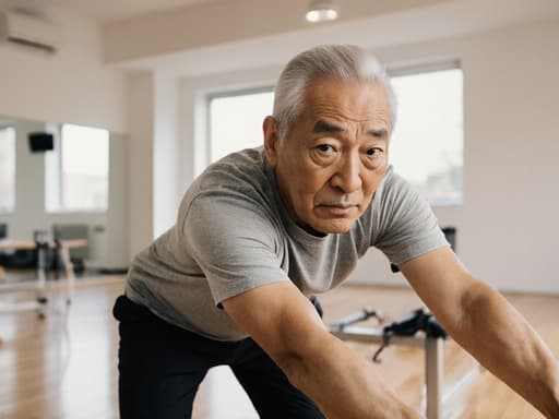 60대 아시아계 남성이 편안한 필라테스 복장을 착용하고, 밝고 넓은 필라테스 스튜디오에서 스트레칭 자세를 취하며 당황한 표정을 짓고 있는 모습의 반신 사진입니다.