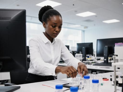 늦은 10대 아프리카계 여성이 반신 촬영으로 포착되었습니다. 그녀는 깔끔한 화이트 셔츠와 블랙 팬츠를 입고 있으며, 현대적인 연구실에서 책상 위의 실험 도구를 정리하는 모습에서 집중한 표정을 보여주고 있습니다. 연구실은 최신 컴퓨터와 과학 장비로 가득 차 있습니다.