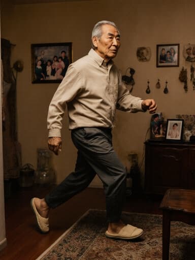 70세 동양인 남성이 편안한 홈웨어와 슬리퍼를 입고, 무관심한 표정을 지으며 가족 행사에 서둘러 달려가는 모습을 전체 몸샷으로 포착했습니다. 따뜻한 느낌의 거실 배경에는 가족 사진과 장식이 있어 아늑한 분위기를 더합니다.