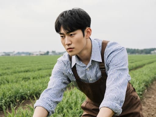 20대 자연스러운 외모의 한국 남성이 줄무늬 농부 셔츠와 작업용 바지를 입고 있는 반신 샷입니다. 그는 긴장한 표정을 지으며 푸른 농장에서 넓은 하늘 아래 농작물을 수확하기 위해 스트레칭하는 모습으로, 농업의 어려움과 헌신을 잘 보여줍니다.