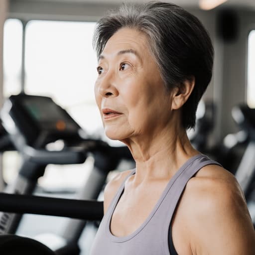 50대 동양인 여성의 반신 사진으로, 편안한 운동복과 운동화를 착용한 채 헬스장 기구를 바라보며 놀란 표정을 짓고 있습니다. 밝은 조명과 다양한 운동 기구로 가득한 헬스장 내부가 에너제틱하고 건강 중심의 분위기를 만들어냅니다.