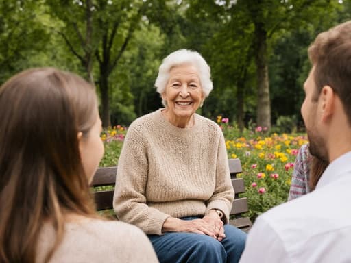 70대 유럽계 여성이 편안한 니트 스웨터와 청바지를 입고 공원 벤치에 앉아 가족 모임을 즐기고 있습니다. 그녀는 부드러운 미소로 따뜻함을 전하며 대화를 나누고 있으며, 푸르른 나무와 화려한 꽃들로 가득한 아름다운 공원에 둘러싸여 있습니다.