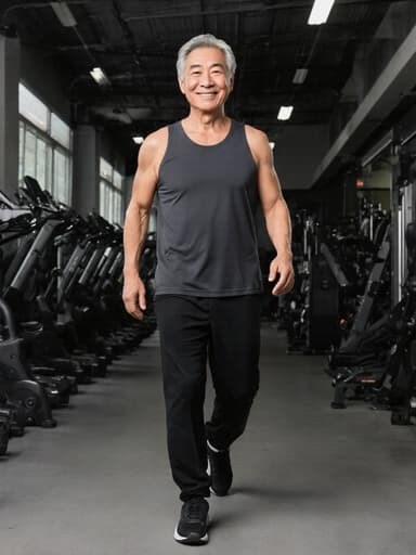50대 건강한 동양인 남성이 스타일리시한 운동복과 운동화를 착용하고, 다양한 운동 기구가 배치된 현대적인 피트니스 센터에서 자연스러운 미소를 지으며 걷고 있는 반신 사진. 활기차고 활동적인 라이프스타일을 나타냅니다.