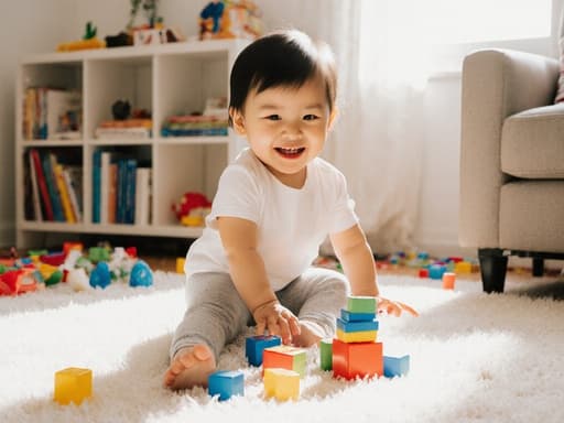아늑한 거실에서 편안한 티셔츠와 레깅스를 입고 있는 장난스러운 1살 동양인 소녀의 반신을 촬영한 이미지입니다. 그녀는 무릎을 꿇고 장난감 블록을 쌓기 위해 기다리며 장난기 가득한 미소를 짓고 있습니다. 주변에는 흩어져 있는 장난감과 책들이 있으며, 밝고 따뜻한 분위기를 자아냅니다.