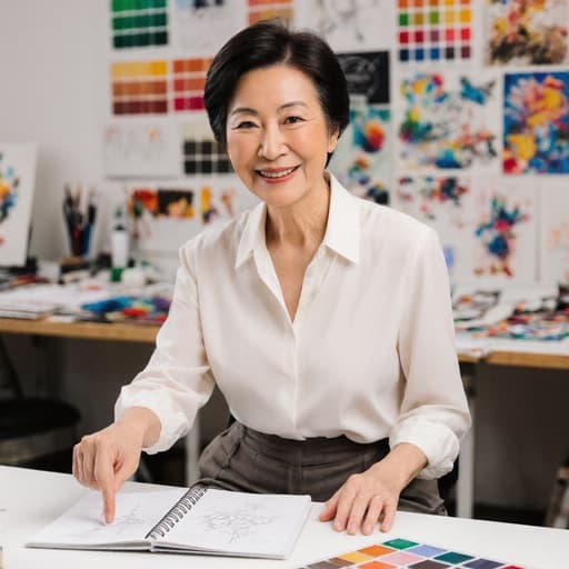 60대 아시아계 여성은 스타일리시한 블라우스와 바지를 입고, 테이블 위의 스케치북을 가리키며 밝게 미소 지으며 긍정적인 에너지를 발산하는 모습입니다. 창의적인 아이디어가 넘치는 작업실 배경에는 다양한 디자인 샘플과 컬러 팔레트가 걸려 있습니다.