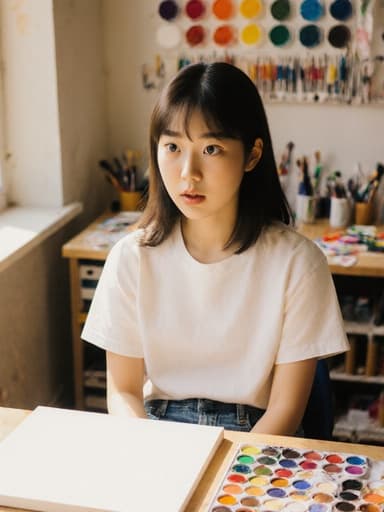 10대 초반 한국인 여성의 반신 사진으로, 편안한 티셔츠와 청바지를 입고 작업실의 테이블에 앉아 있습니다. 그녀는 앞에 있는 캔버스와 화구를 바라보며 놀란 표정을 짓고 있고, 눈이 크게 뜨여 있습니다. 배경은 다양한 색상의 물감과 그림 도구들이 정리된 아늑한 작업 공간으로, 창문으로 들어오는 자연광이 따뜻한 분위기를 만들어 줍니다.