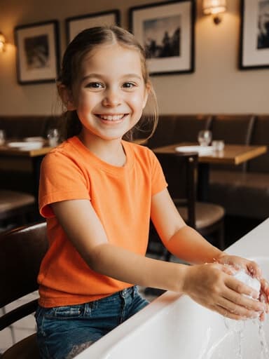 아늑한 카페의 내부에서 테이블 위에 놓인 비누로 손을 씻으려는 자세를 취하며 즐겁게 미소 짓고 있는 7세의 유럽계 소녀의 반신 사진입니다. 밝은 색상의 티셔츠와 데님 반바지를 입고 있으며, 활발하고 즐거운 분위기를 연출하고 있습니다. 배경은 깔끔하게 배치된 테이블과 의자로 아늑한 카페의 분위기를 더하며, 비누와의 즐거운 상호작용에 초점을 맞추고 있습니다.