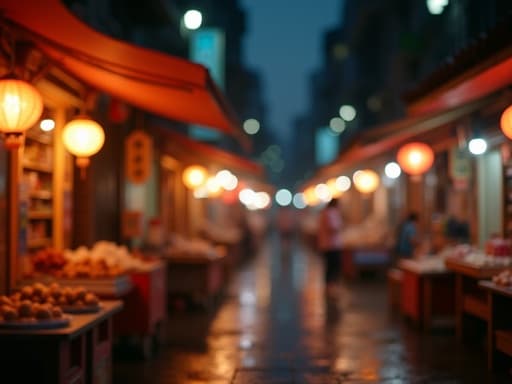 화사한 야시장 거리에 부드럽게 빛나는 무드등, 따뜻한 색조, 다채로운 가판대, 젖은 포장도로에 섬세한 반사, 배경의 부드러운 보케 효과, 따뜻하고 매혹적이며 활기찬