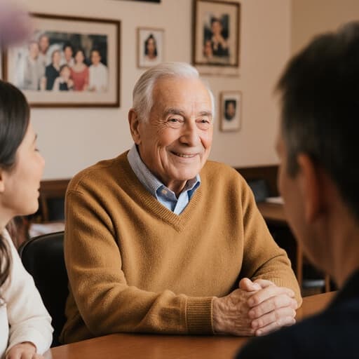 80대 유럽계 남성이 편안한 셔츠와 스웨터를 입고 카페 테이블에 앉아 따뜻하게 미소짓고 있는 모습을 반영한 이미지입니다. 가족 사진들로 장식된 아늑한 분위기 속에서 가족과의 사랑과 행복을 표현하며 따뜻한 가족 모임의 느낌을 전달합니다.
