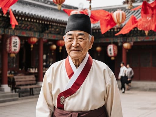 80대 한국인 남성이 전통 한복을 입고 만족스러운 표정을 짓고 있는 반신 촬영, 전통 축제를 위해 장식된 활기찬 마당 속에서 걷고 있으며, 붉은 천과 다양한 장식이 즐거운 분위기를 더하고 있습니다.
