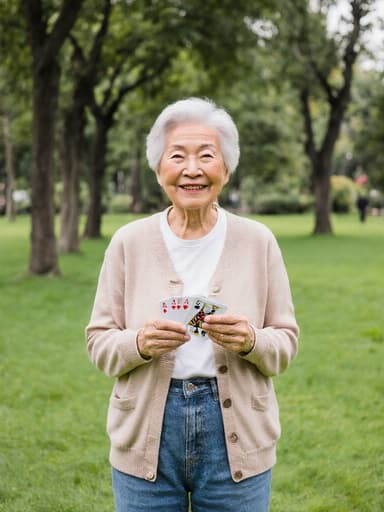 자연스러운 외모를 지닌 70대 아시아계 여성의 반신 사진. 편안한 카디건과 청바지를 입고, 따뜻한 미소를 지으며 손에 카드 게임을 기다리는 모습. 배경은 푸른 잔디와 나무들이 있는 공원으로, 여유롭고 즐거운 분위기를 자아냅니다.