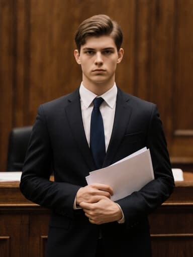 10대 후반의 유럽계 남성이 법정에서 서류를 들고 진지한 표정으로 차분하게 서 있습니다. 나무 재질의 벽과 판사의 자리로 구성된 배경이 진정한 법률 분위기를 자아냅니다.