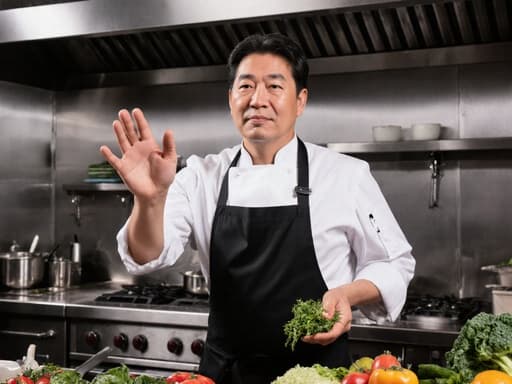 고급 식당 주방에 서 있는 50대 동양인 남성 셰프가 흰색 조리복과 검정색 앞치마를 입고 있습니다. 그는 한 손에 식재료를 들고 지루한 표정으로 인사하며, 다양한 신선한 식재료와 조리 도구들로 둘러싸인 모습이 요리 준비의 순간을 담고 있습니다.