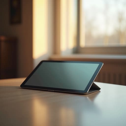 태블릿, 아침 햇살이 비치는 창가, 따뜻한 분위기