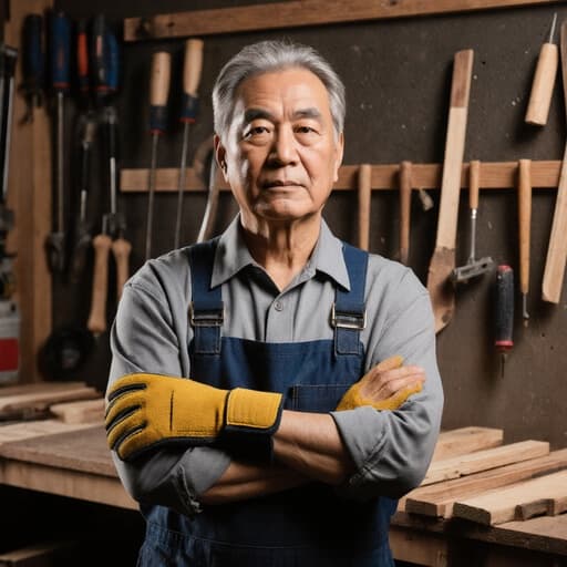 50대 아시아계 남성이 자연스러운 외모로 작업복과 작업 장갑을 착용하고 팔짱을 끼고 서 있는 반신 사진입니다. 다양한 목재 도구들이 있는 작업실 배경 속에서 무관심한 표정을 지으며 목재를 기다리는 모습이 수작업 환경의 진정성을 강조합니다.