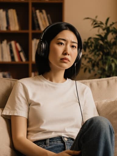 30대 동양인 여성의 반신 촬영으로, 아늑한 거실 소파에 앉아 책장과 식물이 있는 개인 공간에서 헤드폰을 착용하고 음악을 듣고 있습니다. 그녀는 집중하는 모습으로 걱정스러운 표정을 짓고 있으며, 편안한 티셔츠와 청바지를 입고 있습니다. 전체적인 분위기는 편안하면서도 내성적인 느낌을 줍니다.