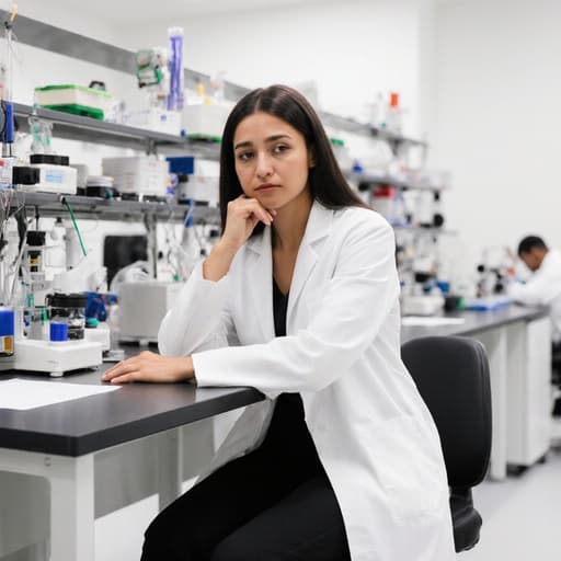20대 혼혈 여성이 화이트 코트와 블랙 팬츠를 입고 현대적인 연구실 책상에 앉아 지루한 표정을 지으며 한 손으로 턱을 괴고 있는 모습, 다양한 실험 장비로 둘러싸인 세련된 연구 환경.