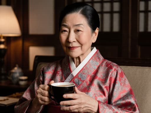 아늑한 찻집 소파에 앉아 전통 한복을 입고 전통 차를 손에 들고 있는 80대 한국인 여성의 따뜻한 고마운 표정을 담은 반신 촬영.