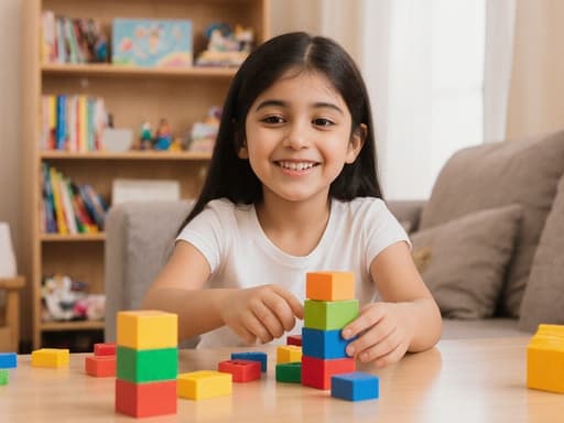아늑한 거실에서 테이블에 앉아 있는 7세 중동계 여성의 반신 촬영. 밝고 호기심 어린 표정을 지으며, 편안한 티셔츠와 반바지를 입고 다양한 색상의 블록을 쌓는 데 몰두하고 있다. 장난감과 책들이 가득한 환경 속에서 플레이풀하고 따뜻한 분위기를 자아낸다.