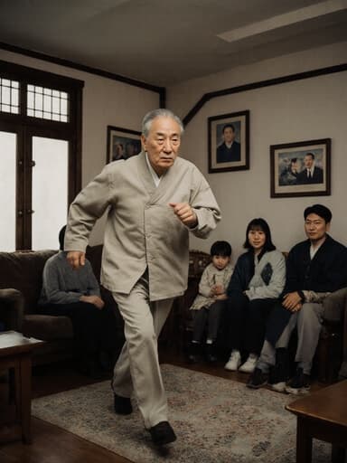 70대 한국인 남성이 편안한 실내복을 입고 가족과 함께하는 전통적인 활동에 참여하며 달리고 있는 모습의 전신 사진입니다. 그는 약간 지루한 표정을 짓고 있으며, 아늑한 거실에는 가족 사진과 전통 가구가 배치되어 있습니다.