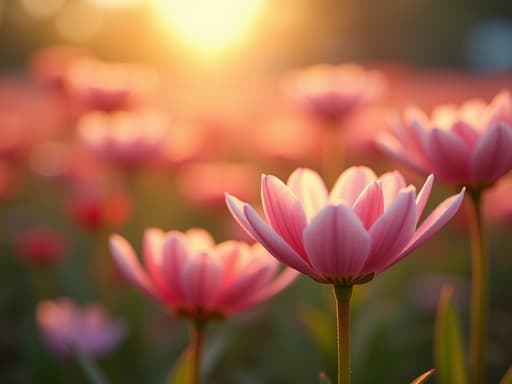 봄꽃 만발한 정원에 있는 무드등, 자연광과 생생한 색상으로 고요하고 행복한 분위기.