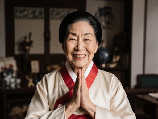 이 이미지는 70대의 동양인 여성이 전통 한복을 입고, 가슴 앞에 두 손을 모아 따뜻하게 미소 지으며 인사하는 모습을 보여줍니다. 전통 소품으로 꾸며진 아늑한 거실 배경이 초대하는 분위기를 더하고 있습니다.