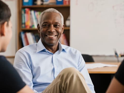 50대의 친근한 아프리카계 남성이 교사 사무실에서 학생 상담을 준비하며 편안하게 앉아 있는 반신 촬영. 캐주얼한 셔츠와 바지를 착용하고 편안한 분위기를 연출하며, 자연스러운 미소를 지어 따뜻함과 친근함을 더하고 있다. 배경에는 책상과 서재가 있어 교육적인 분위기를 조성하며 멘토링의 주제를 강조한다.