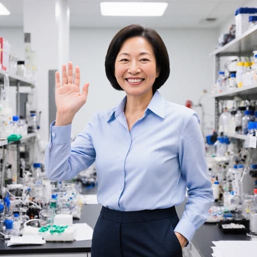 60대 아시아계 여성의 반신 사진으로, 밝게 웃으며 손을 흔드는 모습입니다. 전문적인 블라우스와 정장 바지를 착용하고 있으며, 다양한 과학 장비로 가득 찬 깔끔한 실험실 배경이 있습니다. 이 이미지는 친근하고 지식이 풍부한 분위기를 전달합니다.