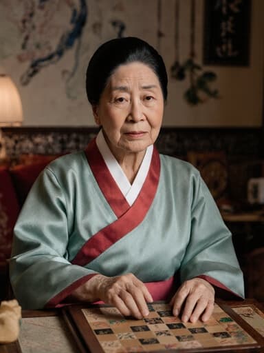 70대 유럽계 여성이 전통적인 한국의 한복을 입고 아늑한 거실에 앉아 있습니다. 전통 장식품들로 가득한 방에서 그녀는 걱정스러운 표정을 지으며 전통 놀이를 준비하고 있는 모습이 담긴 이미지입니다. 문화유산과 인간 감정을 조화롭게 담아냅니다.