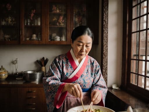 70대 아시아계 여성의 반신 사진으로, 자연스러운 외모를 지닌 지혜로운 모습이 담겨 있습니다. 그녀는 전통적인 주방의 소파에 앉아 전통 음식을 만드는 과정에 몰두하며 손에는 재료를 들고 있습니다. 전통 한복을 우아하게 입고 있는 그녀의 모습은 장면의 문화적 본질을 잘 드러내고 있습니다. 주방 배경은 전통적인 요소로 가득 차 있어 따뜻함과 향수를 느끼게 합니다. 자연광은 그녀의 평화로운 표정을 강조하며, 요리 예술의 풍부한 유산과 공감하는 이미지를 완성합니다.