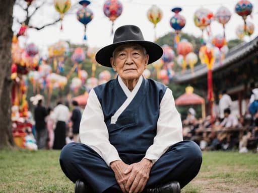 차분하고 편안해 보이는 70대 한국 남성이 전통 한복을 착용한 반신 사진입니다. 그는 크로스 레그로 앉아 있으며, 손은 무릎 위에 자연스럽게 놓고 있습니다. 배경은 전통 축제를 기념하는 공원으로, 다채로운 장식과 사람들로 가득 차 있어 생동감 있는 분위기를 연출하며, 주제의 차분한 모습과 잘 어우러집니다.