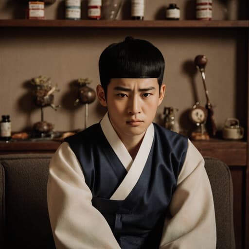 전통 한복을 입은 아시아계 남자 어린이가 전통 한의원 소파에 앉아 진단을 받으며 피곤한 표정을 짓고 있습니다. 방 안에는 여러 전통 한의학 도구들이 배치되어 있어 진정한 분위기를 더하고 있습니다.