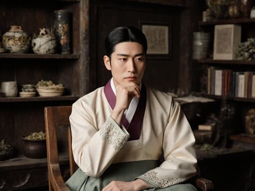 20대 유럽계 남성이 전통 한복을 입고 자연스러운 외모를 드러내며 반신을 담은 사진입니다. 그는 의자에 앉아 턱을 손으로 받치고 무관심한 표정을 짓고 있습니다. 배경은 한약재와 고서가 진열된 고풍스러운 한의원으로, 진정한 분위기를 자아냅니다. 따뜻하고 초대하는 조명이 한복의 섬세한 디테일과 주변 장식을 강조하며, 전체적으로 평화롭고 사색적인 분위기를 포착하고 있습니다.