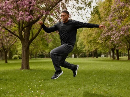 젊은 혼혈 남성이 운동복을 입고 평화로운 공원에서 활기차게 점프하고 있으며, 푸르른 잔디와 다채로운 꽃들로 둘러싸여 차분하지만 집중된 에너지를 발산하고 있습니다.