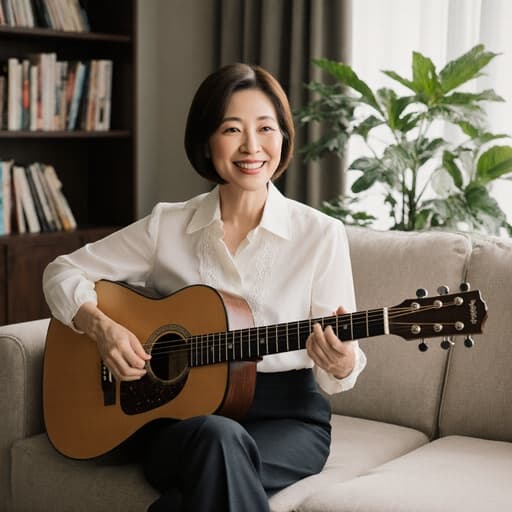 40대 한국인 여성이 세련된 블라우스와 슬랙스를 착용하고 소파에 앉아 기타를 연주하고 있는 반신 샷입니다. 자신감 있는 미소와 세련된 표정을 짓고 있으며, 음악에 대한 사랑을 보여줍니다. 배경은 책장과 식물들이 있는 아늑한 거실로, 따뜻하고 초대하는 분위기를 자아냅니다.