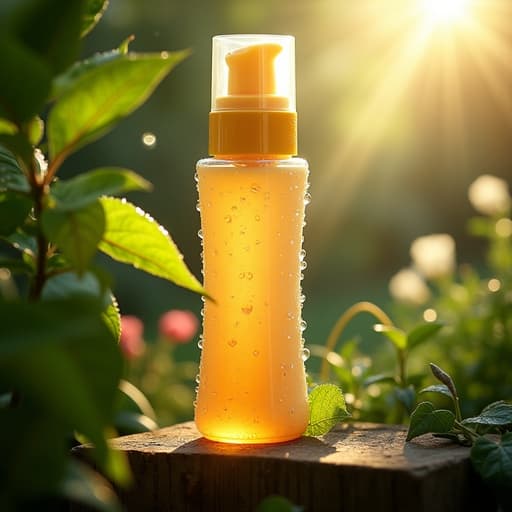 이슬이 맺힌 아침 정원에서의 자외선 차단제, 신선하고 고요한 분위기.