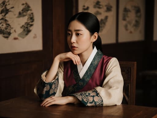 전통적인 한복을 입은 20대 동양인 여성의 반신샷. 그녀는 전통 한옥 스타일의 방에 있는 나무 테이블에 앉아 있으며, 지루한 표정으로 손으로 턱을 괴고 있다. 방의 벽에는 한지 장식이 걸려 있고, 자연스러운 나무 톤과 부드러운 조명이 어우러져 그녀의 의상과 문화적 풍요로움을 강조하는 조화로운 분위기를 만들어낸다.