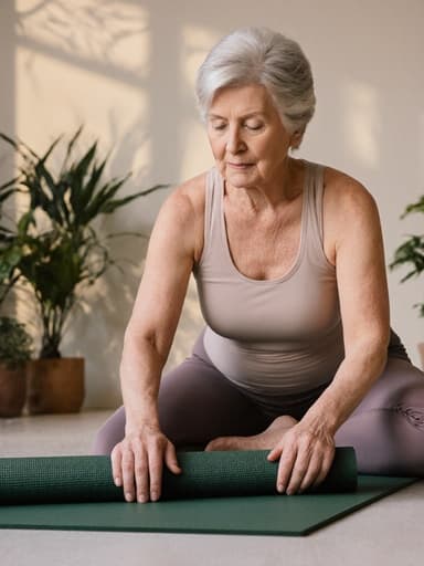 60대 백인 여성의 반신 샷으로, 부드러운 색상의 요가복을 입고 요가 매트를 정리하며 긴장한 표정을 짓고 있는 모습입니다. 조용하고 차분한 명상 공간에서 다양한 식물들과 부드러운 조명이 어우러져 있습니다.