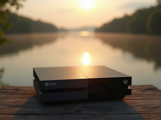 부드러운 물결에 반사된 고요한 호수 앞 중앙에 놓인 게임 콘솔, 자연광이 부드러운 그림자를 드리우며, 콘솔 표면에 미세한 결함이 보이며, 고요하고 따뜻하며 매력적인 분위기를 연출합니다.