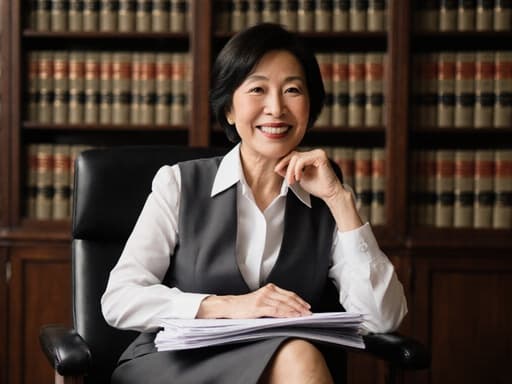 60대 아시아계 여성의 반신사진으로, 전문적인 블라우스와 스커트를 착용하고 법률 서적이 가득한 조용한 도서관에 앉아 있습니다. 그녀는 밝게 웃으며 한 손은 서류를 들고 다른 손은 턱에 대고 생각하는 듯한 자세를 취하고 있어 전문적이고 친근한 느낌을 줍니다.