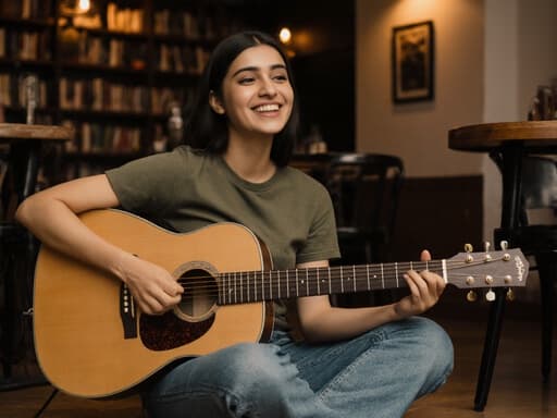 10대 후반의 중동계 여성 모델이 자연스러운 미소를 지으며 카페 바닥에 앉아 있는 모습의 반신 사진. 편안한 티셔츠와 청바지를 입고 기타를 연주하고 있으며, 배경은 책장과 따뜻한 조명이 있는 아늑한 카페 내부로, 편안함과 창의성이 어우러진 분위기를 만들어냅니다.